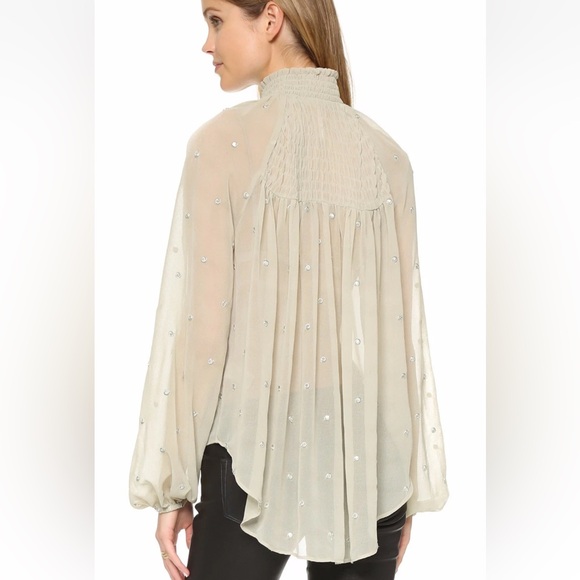 Free People Ready To Run Embellished Smocked Sheer Blouse Grey Mist Boho Chic - Picture 3 of 13